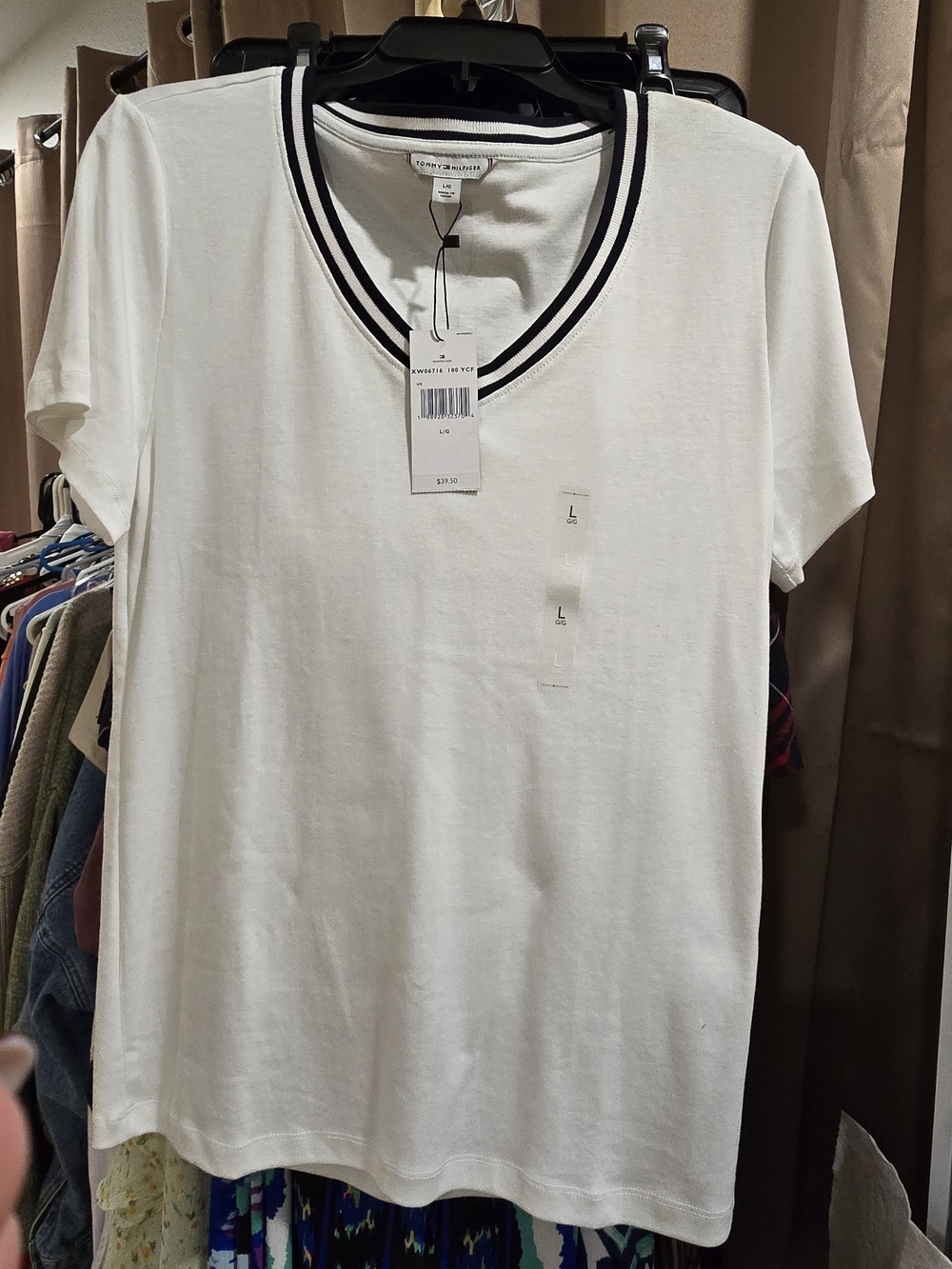 Tommy Hilfiger White V-Neck Tee with Blue Stripe Trim